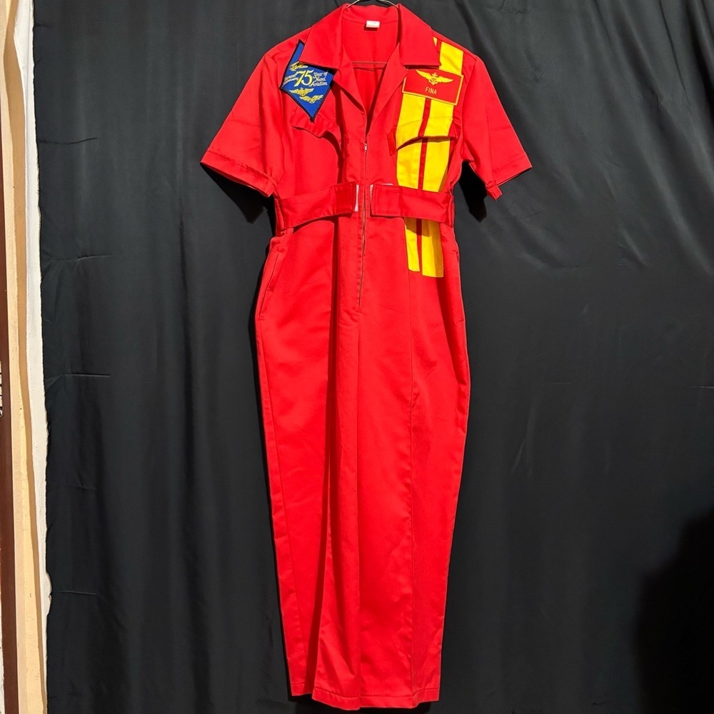 Unisex unbranded red short sleeve utility overalls aviation patch yellow stripes